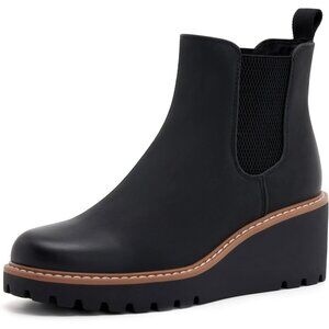 vodvob Ankle Boots Women Black Faux Leather Wedge Platform Booties Slip On Shoes